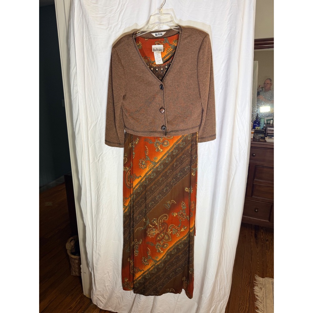 Nina Piccalino Womens Paisley Maxi Dress & Cardigan Set Brown Orange Size 10